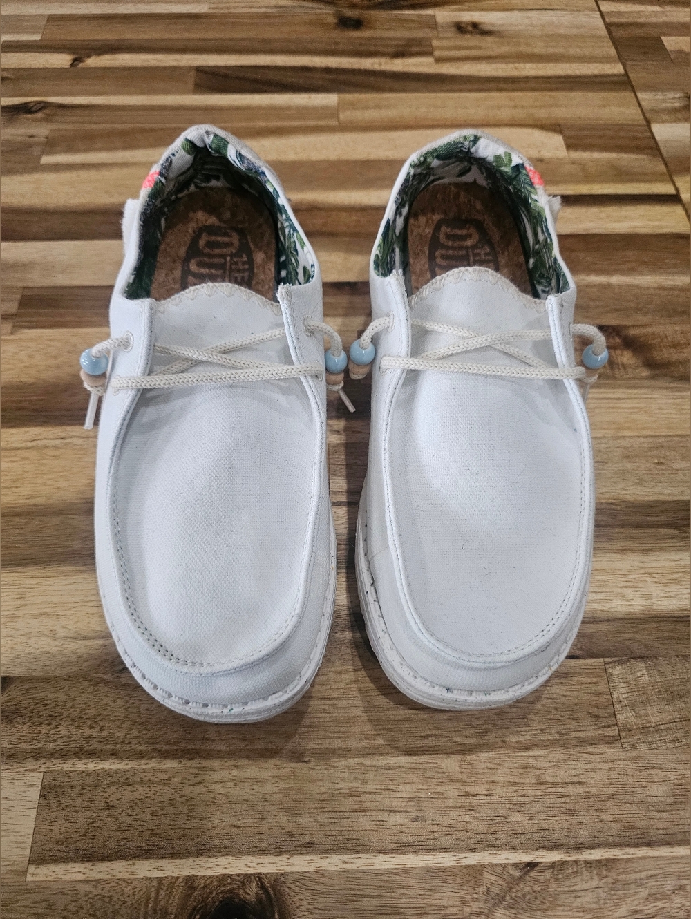 Hey Dude Women's White Canvas Slip-On Sneakers with Tropical Lining